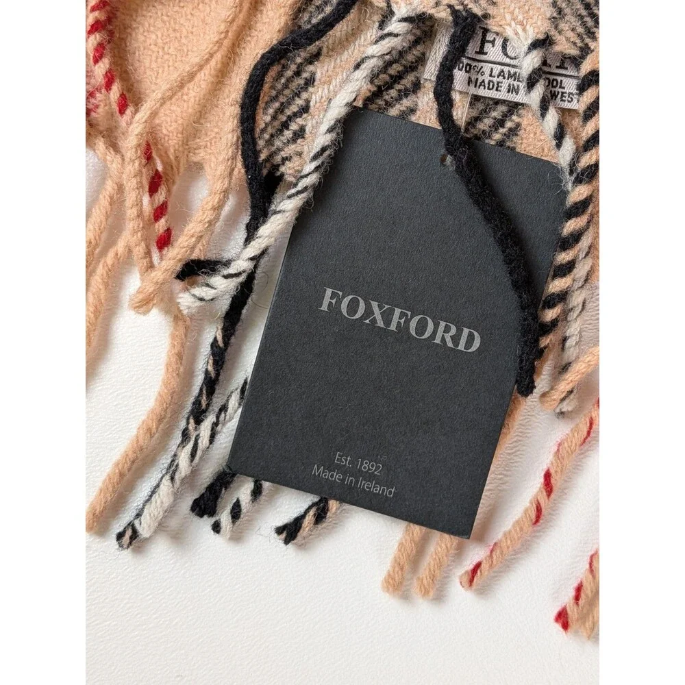 NEW Foxford Lambswool Scarf Camel Tarten Check Fringe 12x71